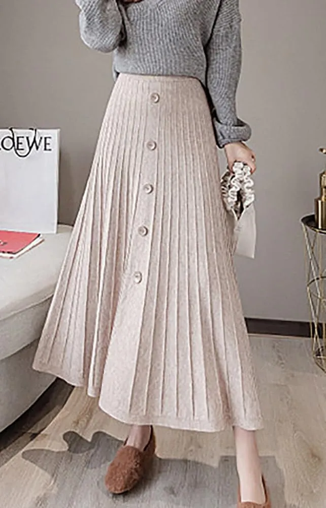 utcoco Womens Fall Knit Long Skirts Elastic Waist Pleated A Line Swing Midi Length Sweater Skirt