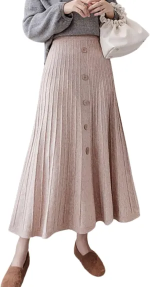 utcoco Womens Fall Knit Long Skirts Elastic Waist Pleated A Line Swing Midi Length Sweater Skirt