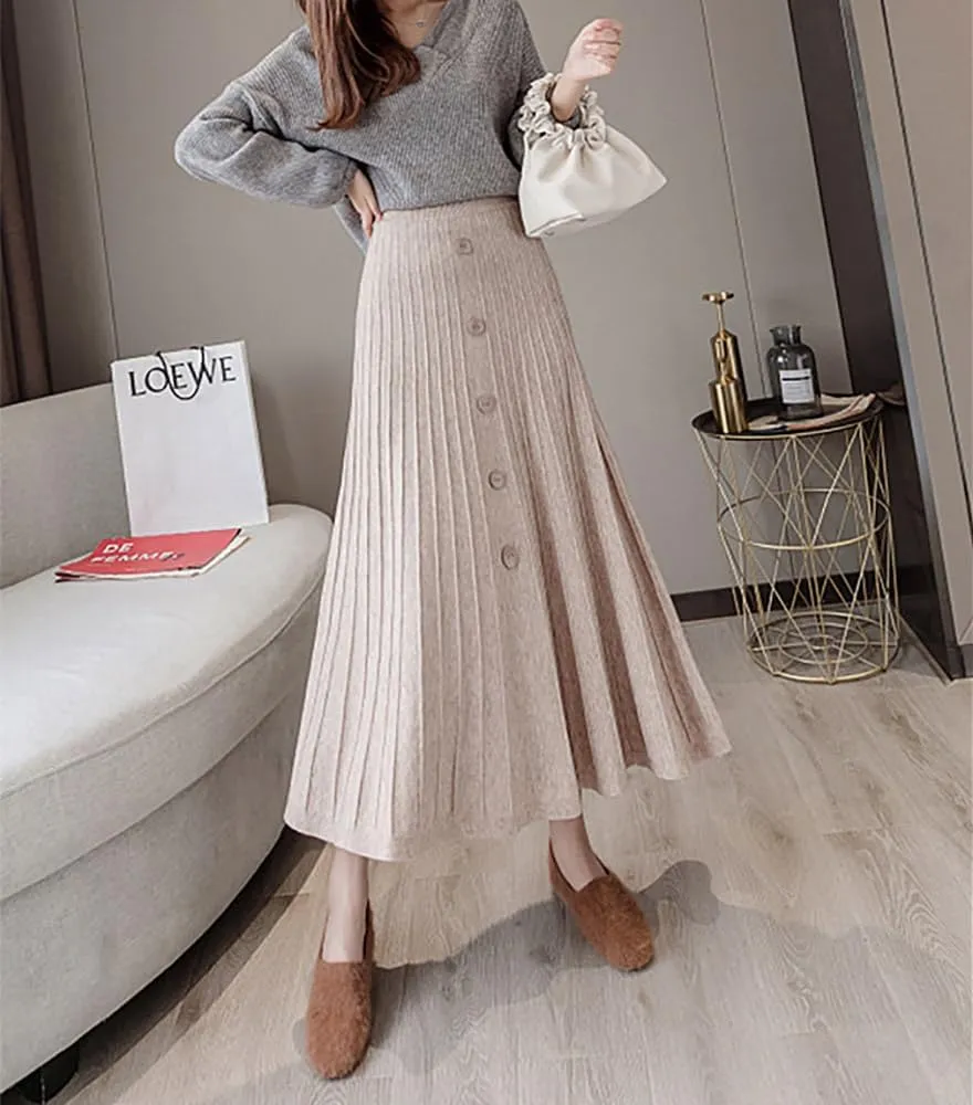 utcoco Womens Fall Knit Long Skirts Elastic Waist Pleated A Line Swing Midi Length Sweater Skirt