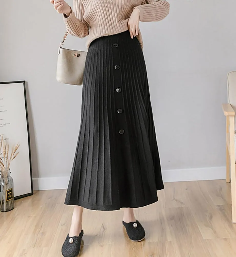utcoco Womens Fall Knit Long Skirts Elastic Waist Pleated A Line Swing Midi Length Sweater Skirt