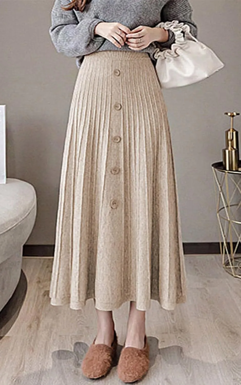 utcoco Womens Fall Knit Long Skirts Elastic Waist Pleated A Line Swing Midi Length Sweater Skirt