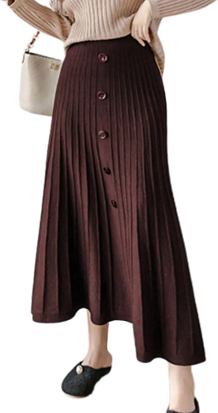 utcoco Womens Fall Knit Long Skirts Elastic Waist Pleated A Line Swing Midi Length Sweater Skirt
