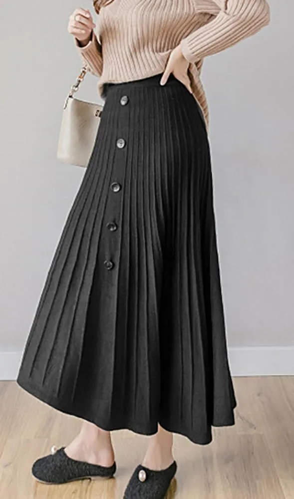 utcoco Womens Fall Knit Long Skirts Elastic Waist Pleated A Line Swing Midi Length Sweater Skirt