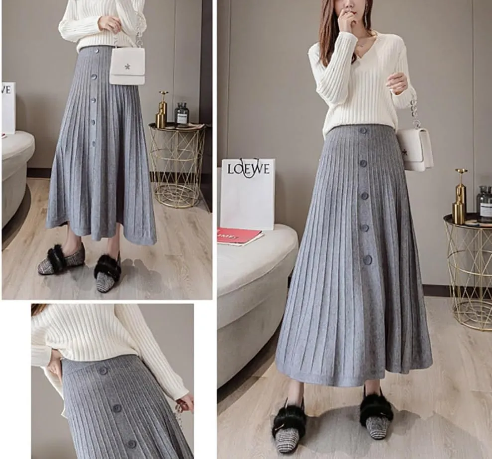 utcoco Womens Fall Knit Long Skirts Elastic Waist Pleated A Line Swing Midi Length Sweater Skirt