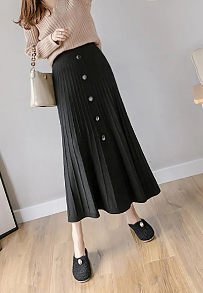 utcoco Womens Fall Knit Long Skirts Elastic Waist Pleated A Line Swing Midi Length Sweater Skirt