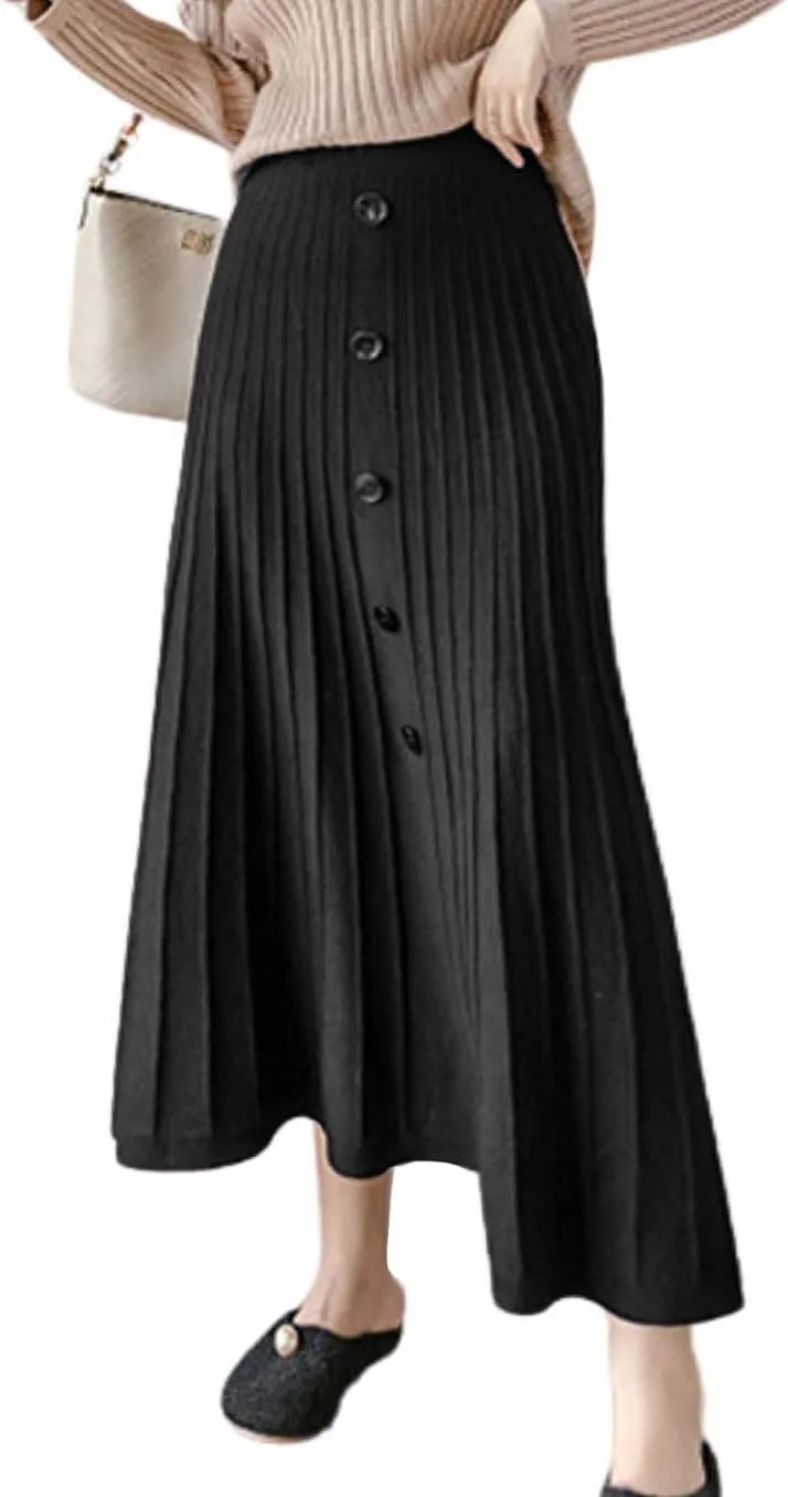utcoco Womens Fall Knit Long Skirts Elastic Waist Pleated A Line Swing Midi Length Sweater Skirt