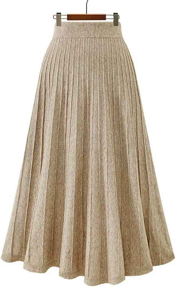 utcoco Womens Fall Knit Long Skirts Elastic Waist Pleated A Line Swing Midi Length Sweater Skirt