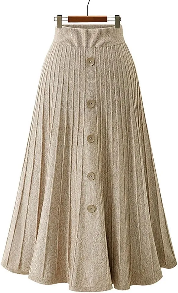utcoco Womens Fall Knit Long Skirts Elastic Waist Pleated A Line Swing Midi Length Sweater Skirt