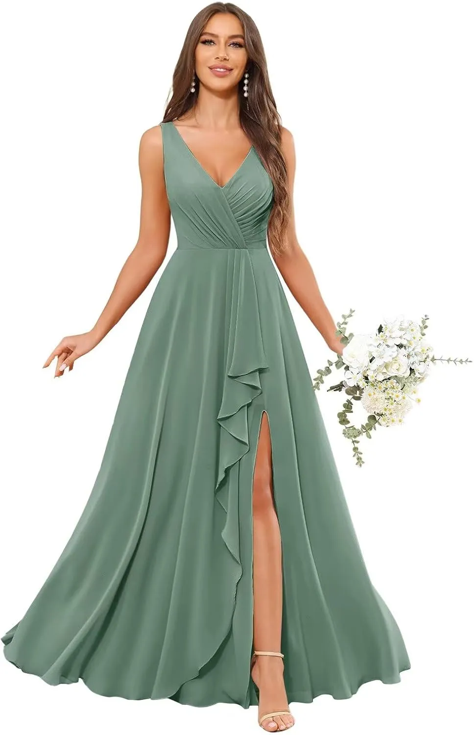 V Neck Bridesmaid Dresses for Women with Pockets Slit A-Line Chiffon Ruffles Formal Evening Gown