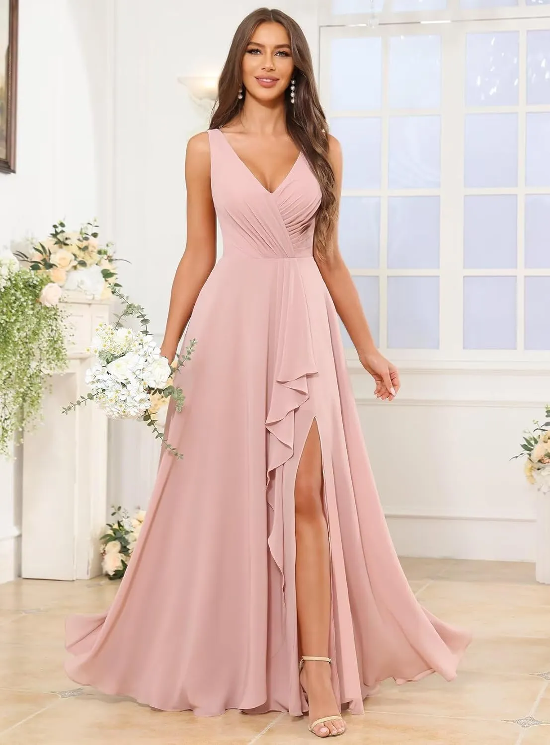 V Neck Bridesmaid Dresses for Women with Pockets Slit A-Line Chiffon Ruffles Formal Evening Gown