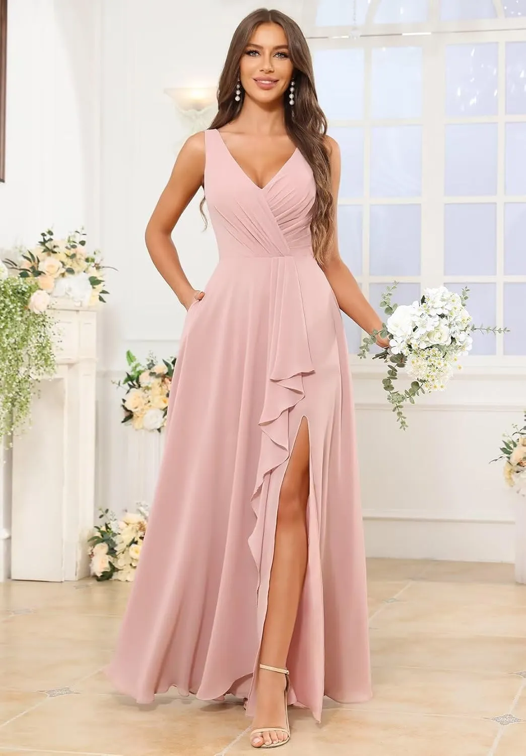 V Neck Bridesmaid Dresses for Women with Pockets Slit A-Line Chiffon Ruffles Formal Evening Gown