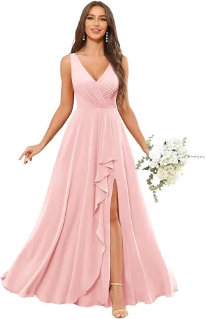 V Neck Bridesmaid Dresses for Women with Pockets Slit A-Line Chiffon Ruffles Formal Evening Gown