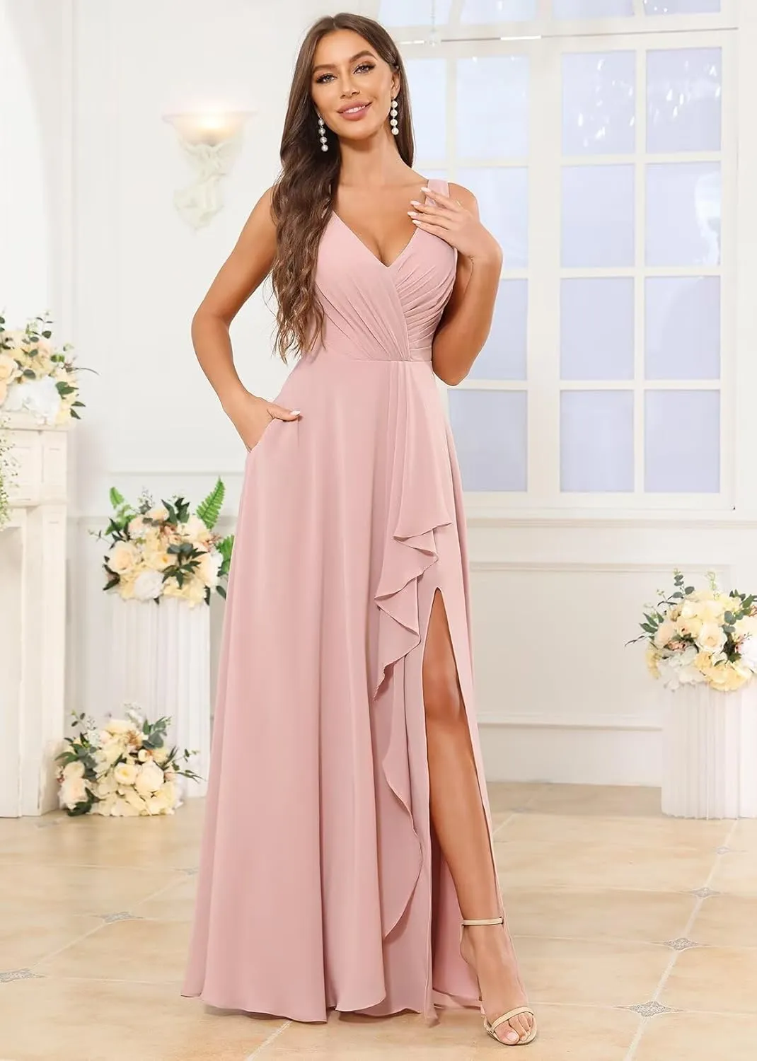 V Neck Bridesmaid Dresses for Women with Pockets Slit A-Line Chiffon Ruffles Formal Evening Gown