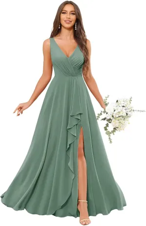 V Neck Bridesmaid Dresses for Women with Pockets Slit A-Line Chiffon Ruffles Formal Evening Gown