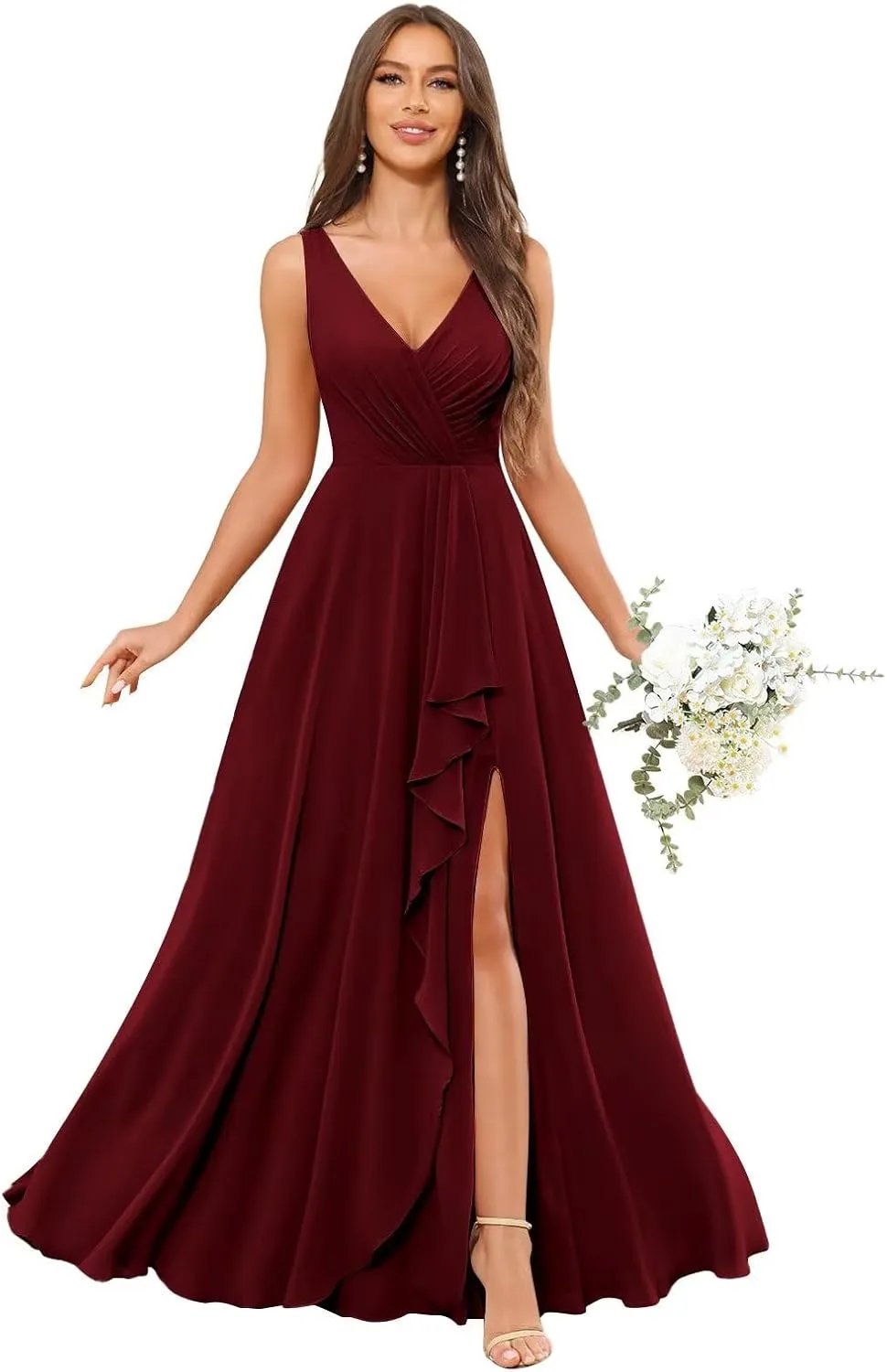 V Neck Bridesmaid Dresses for Women with Pockets Slit A-Line Chiffon Ruffles Formal Evening Gown