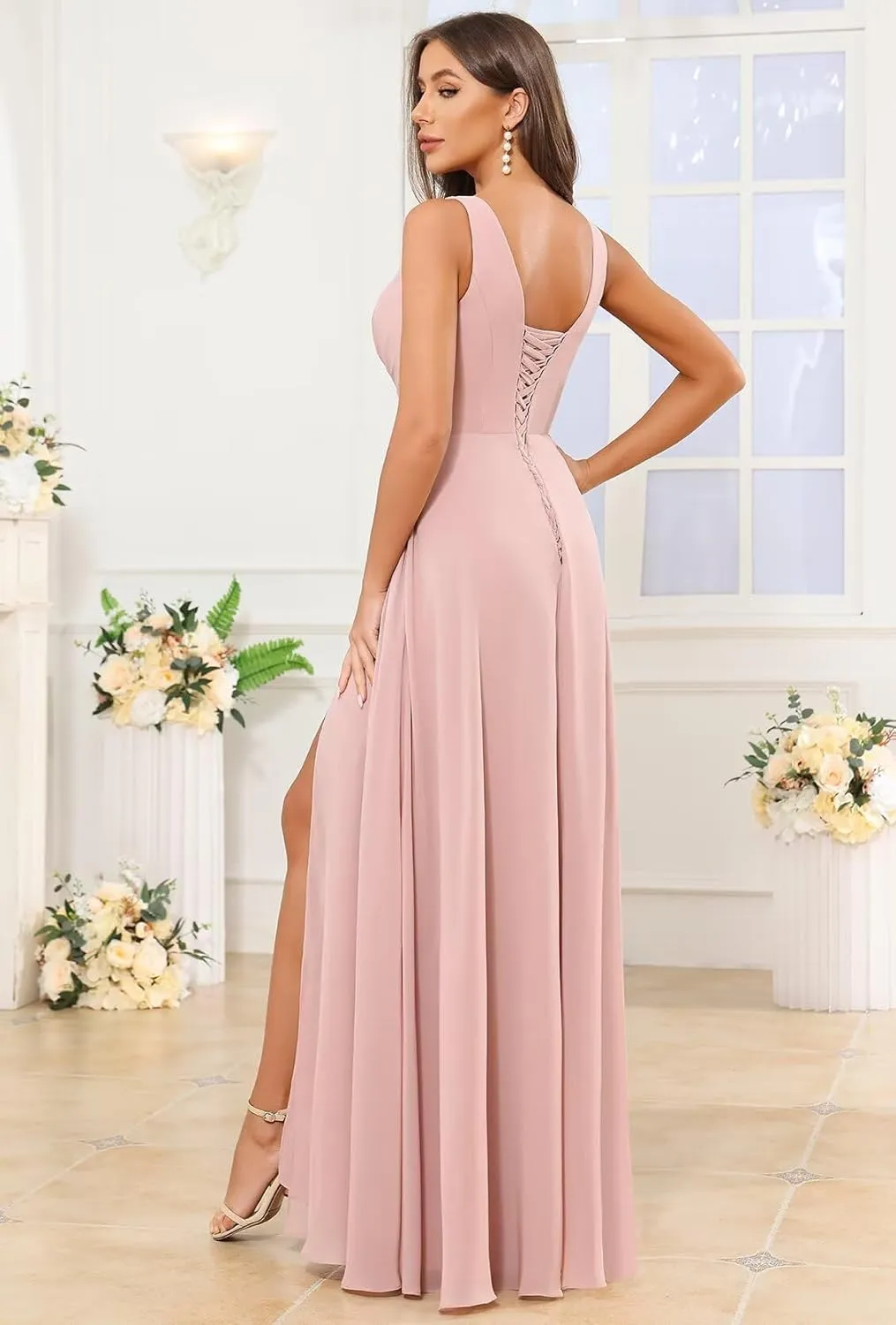 V Neck Bridesmaid Dresses for Women with Pockets Slit A-Line Chiffon Ruffles Formal Evening Gown