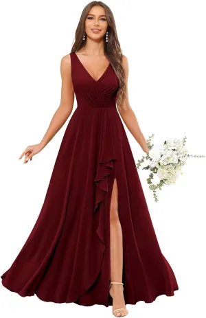V Neck Bridesmaid Dresses for Women with Pockets Slit A-Line Chiffon Ruffles Formal Evening Gown