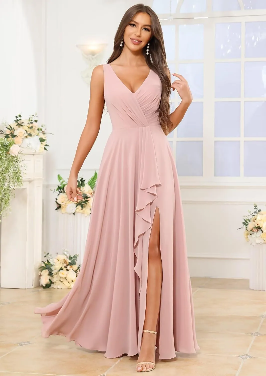 V Neck Bridesmaid Dresses for Women with Pockets Slit A-Line Chiffon Ruffles Formal Evening Gown