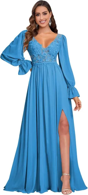 V Neck Bridesmaid Dresses Long Sleeve for Wedding Lace Appliques Formal Party Gown with Slit