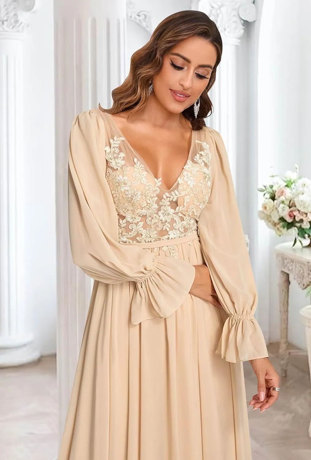 V Neck Bridesmaid Dresses Long Sleeve for Wedding Lace Appliques Formal Party Gown with Slit