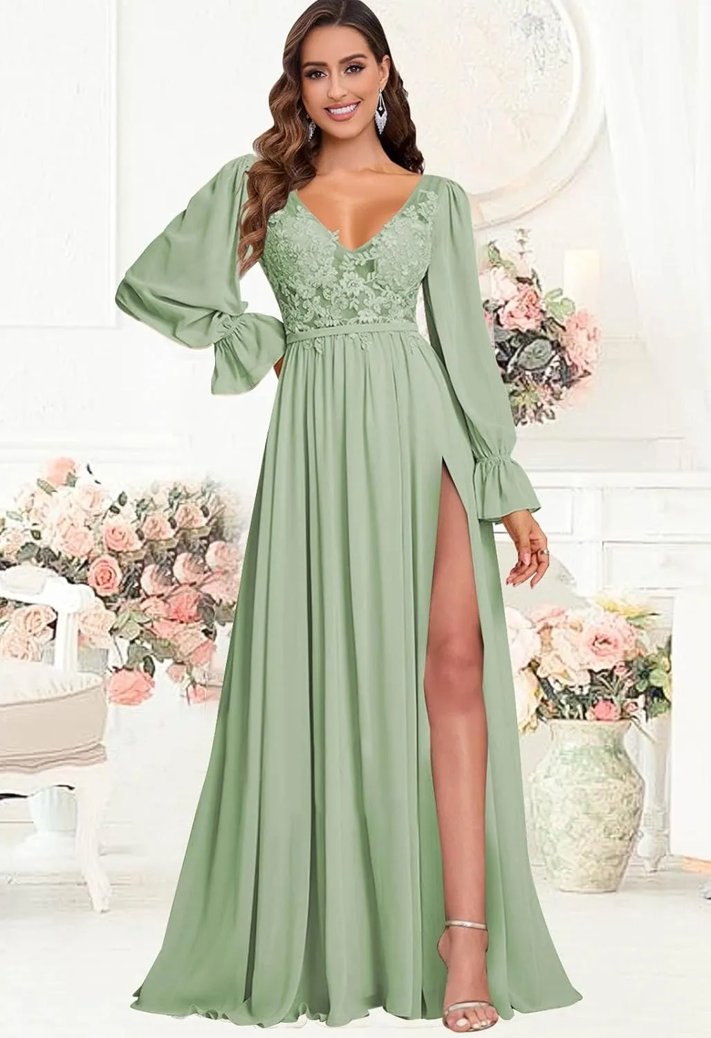 V Neck Bridesmaid Dresses Long Sleeve for Wedding Lace Appliques Formal Party Gown with Slit