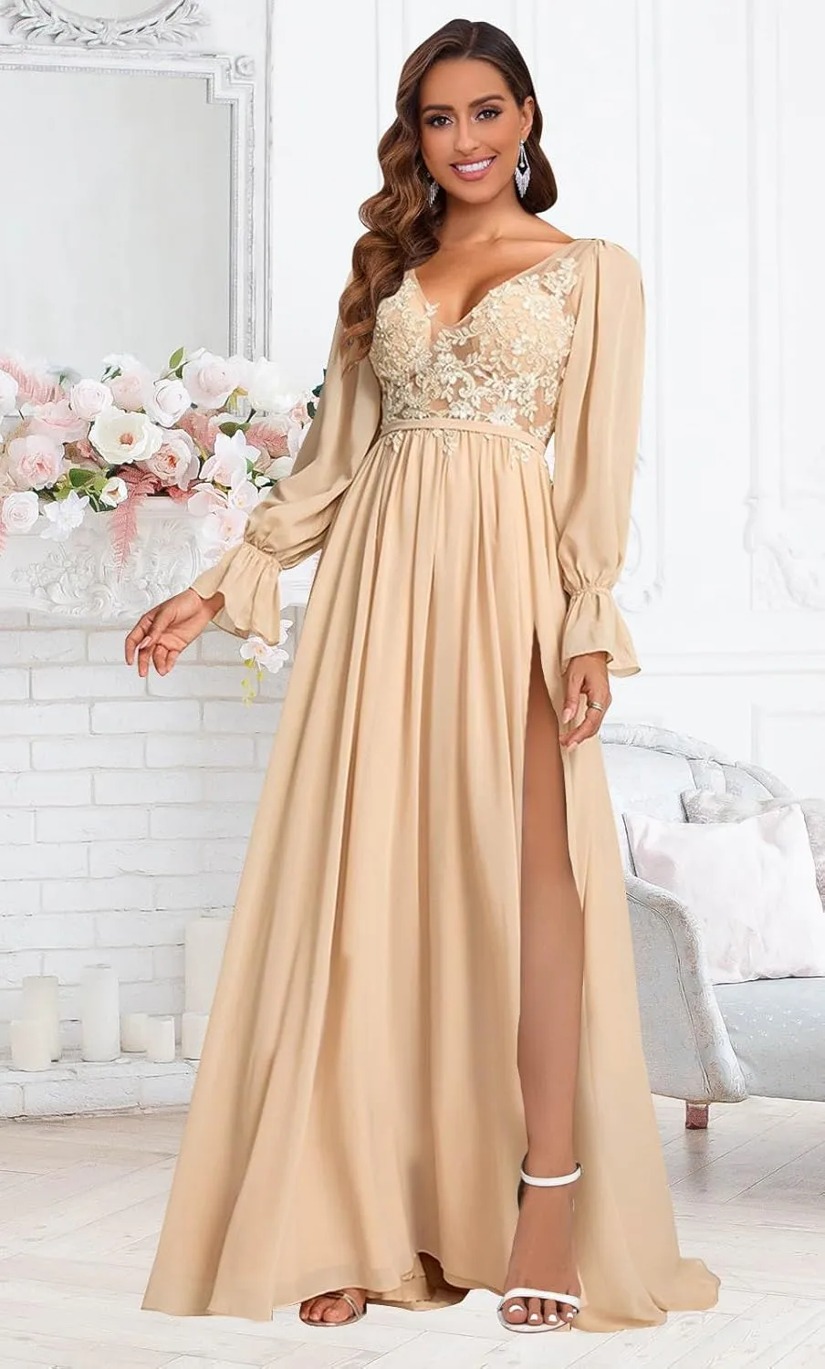 V Neck Bridesmaid Dresses Long Sleeve for Wedding Lace Appliques Formal Party Gown with Slit