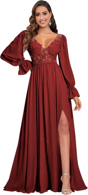 V Neck Bridesmaid Dresses Long Sleeve for Wedding Lace Appliques Formal Party Gown with Slit