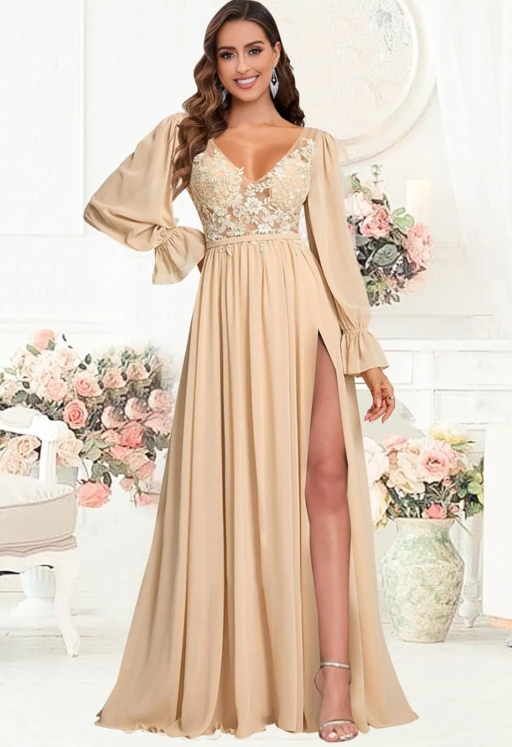 V Neck Bridesmaid Dresses Long Sleeve for Wedding Lace Appliques Formal Party Gown with Slit