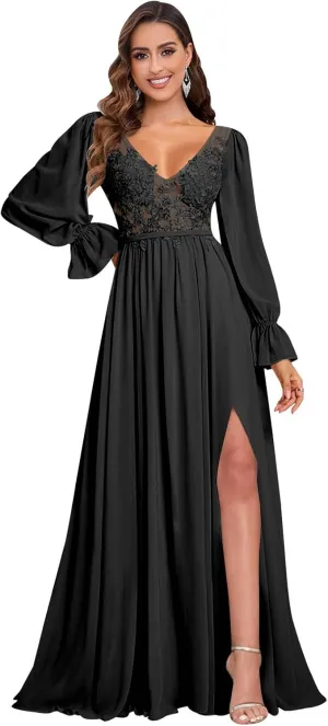 V Neck Bridesmaid Dresses Long Sleeve for Wedding Lace Appliques Formal Party Gown with Slit