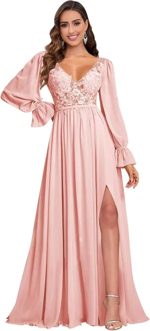 V Neck Bridesmaid Dresses Long Sleeve for Wedding Lace Appliques Formal Party Gown with Slit