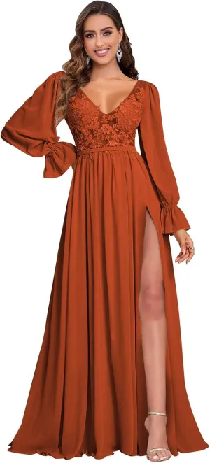 V Neck Bridesmaid Dresses Long Sleeve for Wedding Lace Appliques Formal Party Gown with Slit