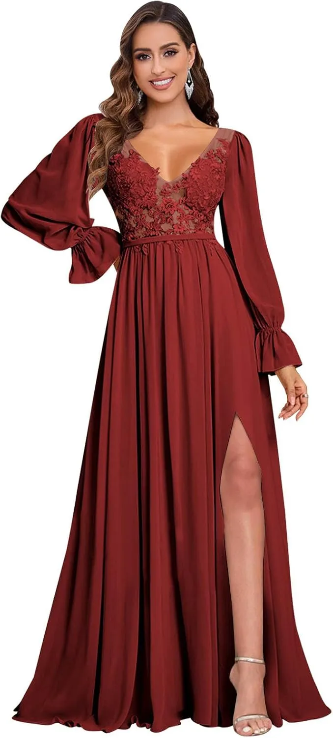 V Neck Bridesmaid Dresses Long Sleeve for Wedding Lace Appliques Formal Party Gown with Slit