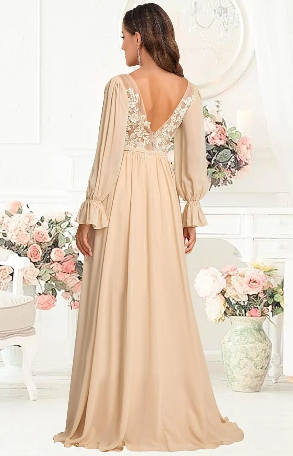 V Neck Bridesmaid Dresses Long Sleeve for Wedding Lace Appliques Formal Party Gown with Slit