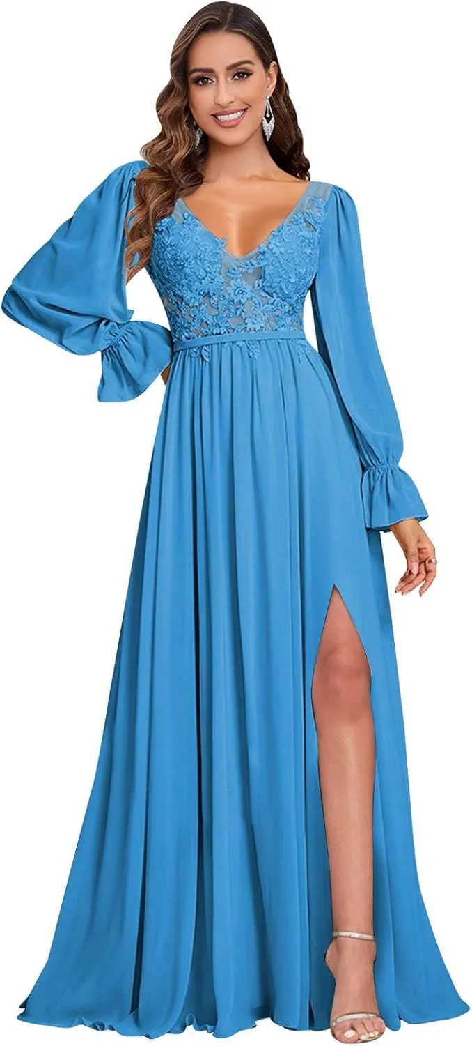 V Neck Bridesmaid Dresses Long Sleeve for Wedding Lace Appliques Formal Party Gown with Slit