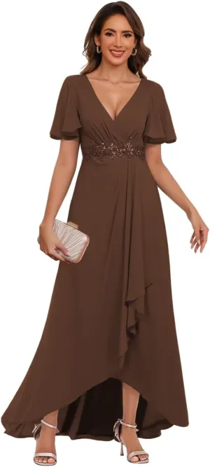 V Neck Mother of The Bride Dresses with Slit Short Sleeve Chiffon Evening Formal Dress with Pockets PU155
