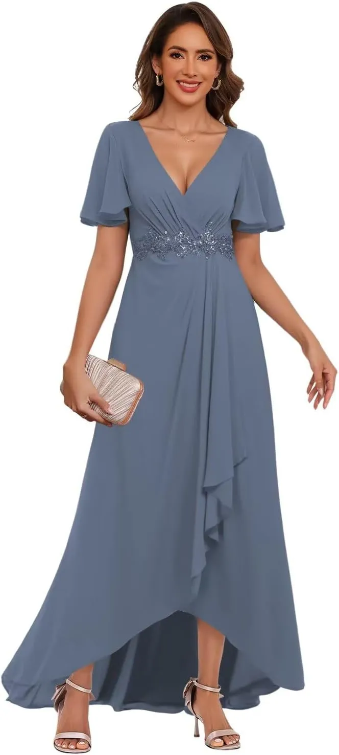 V Neck Mother of The Bride Dresses with Slit Short Sleeve Chiffon Evening Formal Dress with Pockets PU155