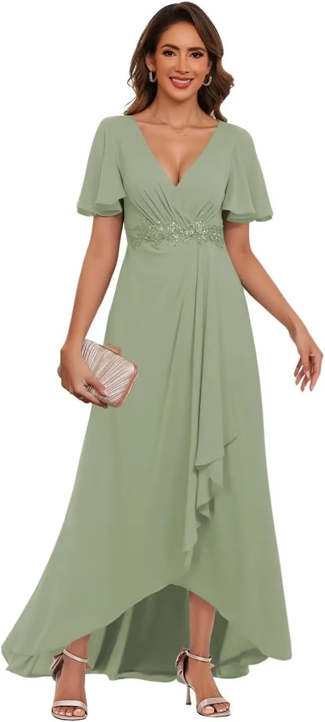 V Neck Mother of The Bride Dresses with Slit Short Sleeve Chiffon Evening Formal Dress with Pockets PU155