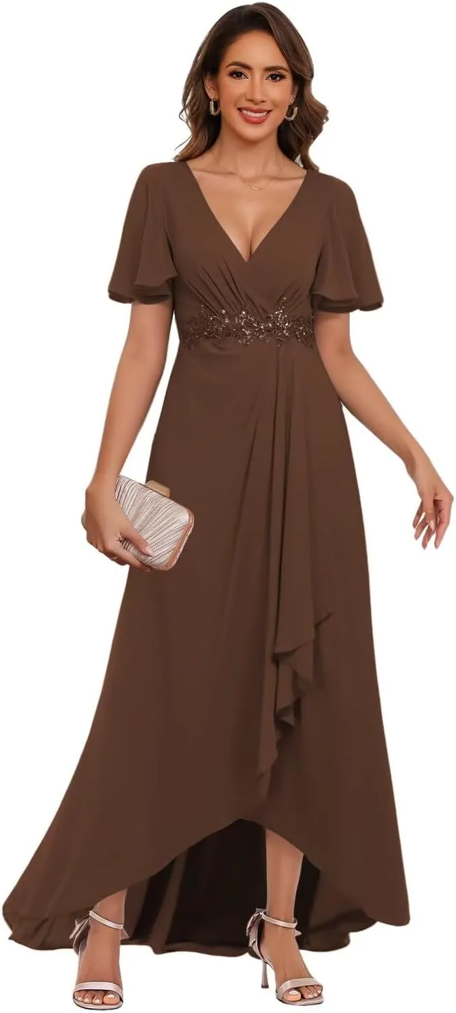 V Neck Mother of The Bride Dresses with Slit Short Sleeve Chiffon Evening Formal Dress with Pockets PU155