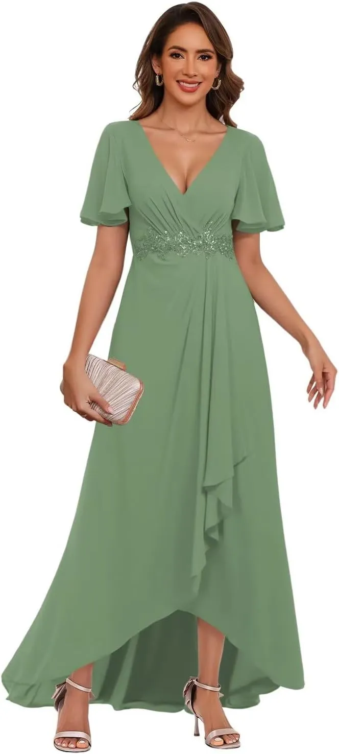 V Neck Mother of The Bride Dresses with Slit Short Sleeve Chiffon Evening Formal Dress with Pockets PU155