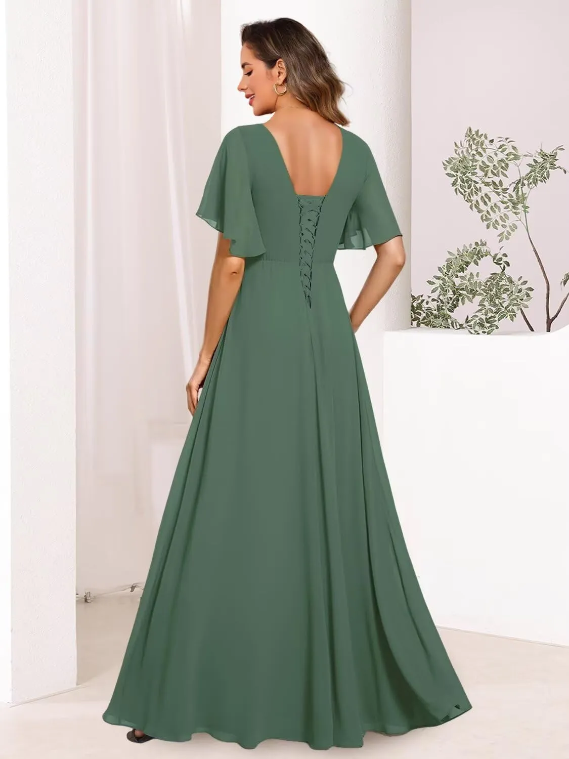 V Neck Mother of The Bride Dresses with Slit Short Sleeve Chiffon Evening Formal Dress with Pockets PU155