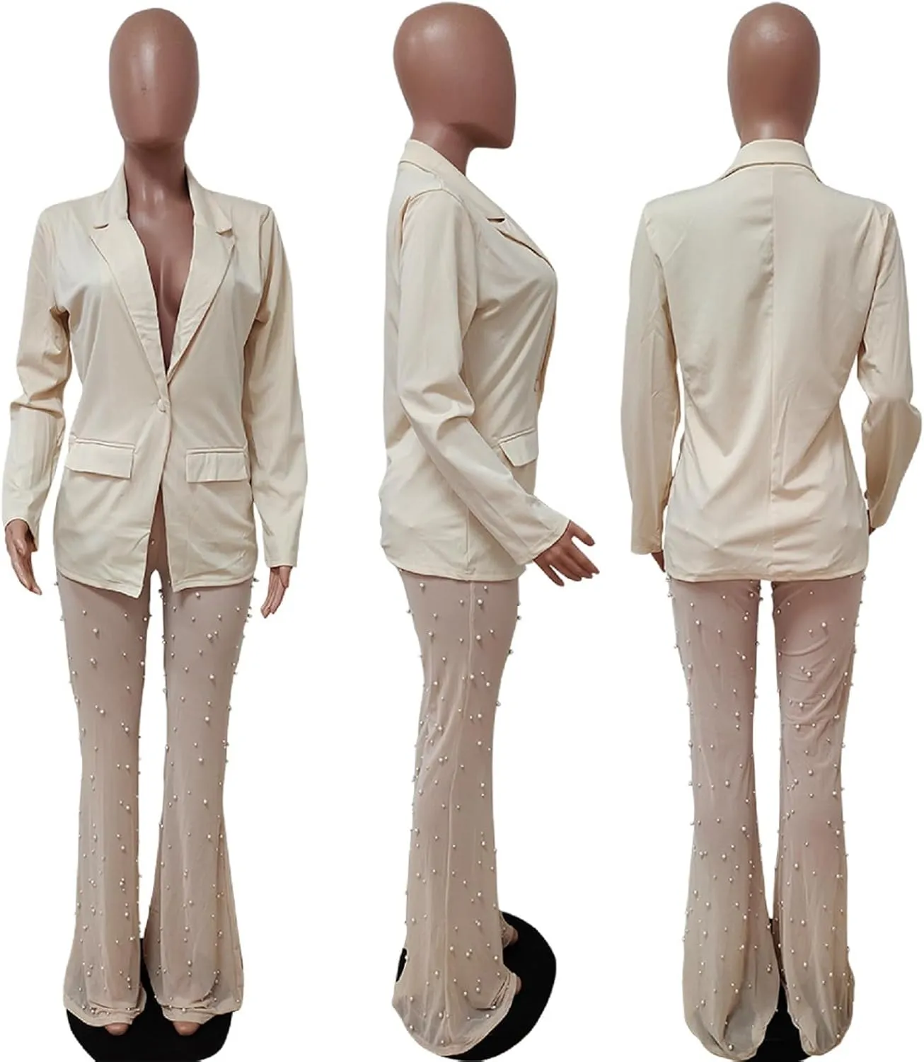 Vakkest Womens 2 Piece Outfits Suits Sheer Mesh Bead Pants and Long Sleeve Business Casual Office Work Blazer Sets
