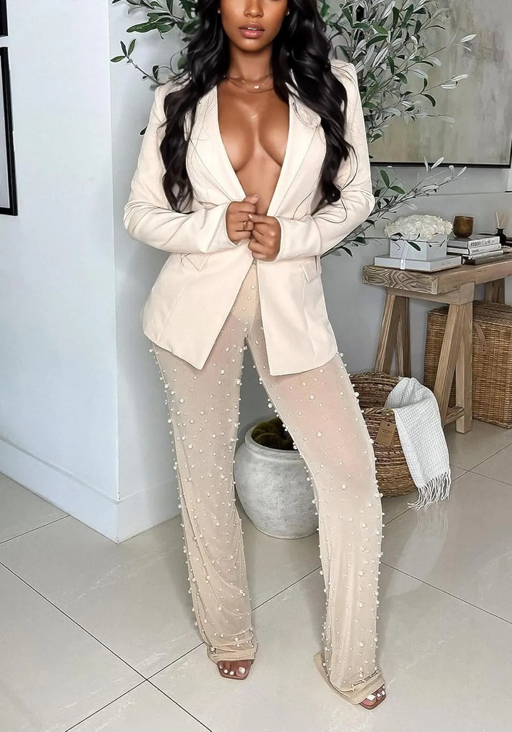 Vakkest Womens 2 Piece Outfits Suits Sheer Mesh Bead Pants and Long Sleeve Business Casual Office Work Blazer Sets