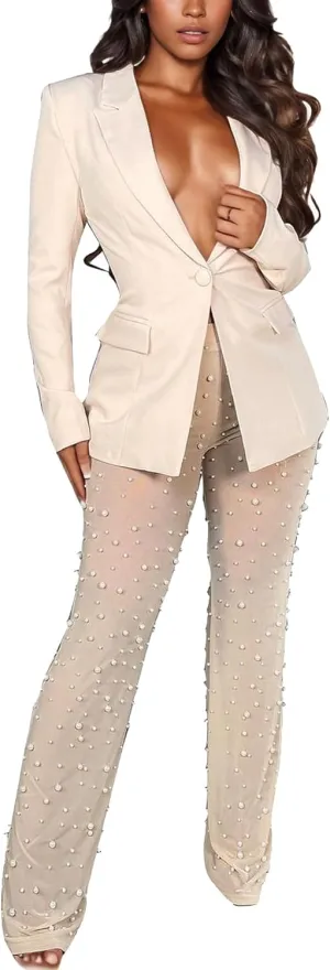 Vakkest Womens 2 Piece Outfits Suits Sheer Mesh Bead Pants and Long Sleeve Business Casual Office Work Blazer Sets