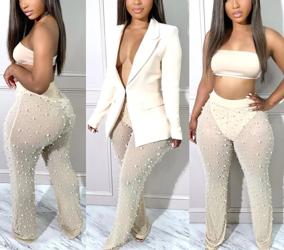 Vakkest Womens 2 Piece Outfits Suits Sheer Mesh Bead Pants and Long Sleeve Business Casual Office Work Blazer Sets