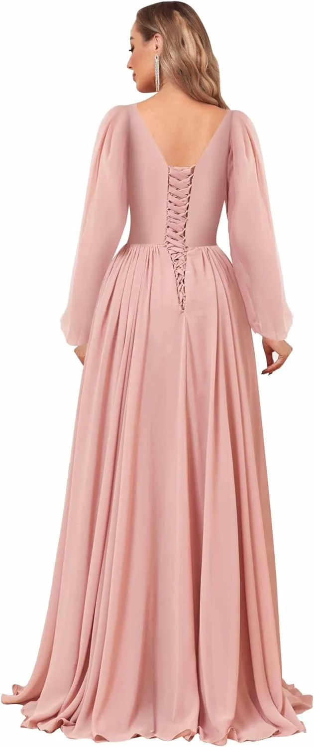 VGZ Long Sleeve Bridesmaid Dresses with Pocket Chiffon V Neck Ruched Formal Evening Gown with Slit