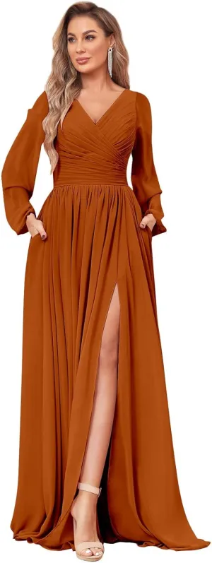 VGZ Long Sleeve Bridesmaid Dresses with Pocket Chiffon V Neck Ruched Formal Evening Gown with Slit