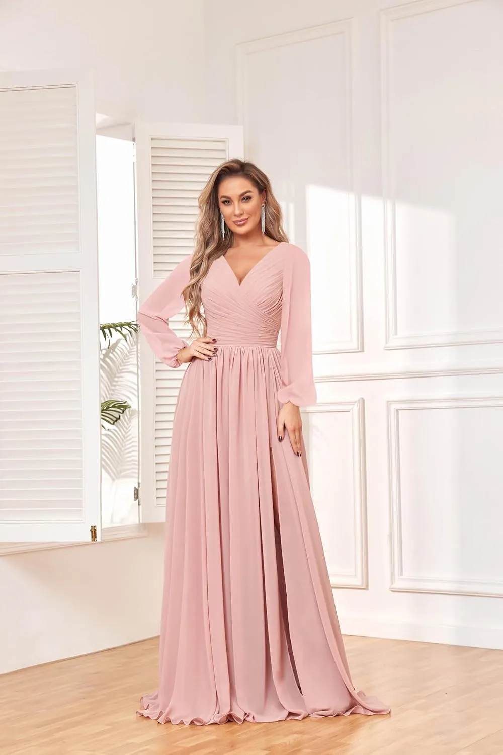 VGZ Long Sleeve Bridesmaid Dresses with Pocket Chiffon V Neck Ruched Formal Evening Gown with Slit