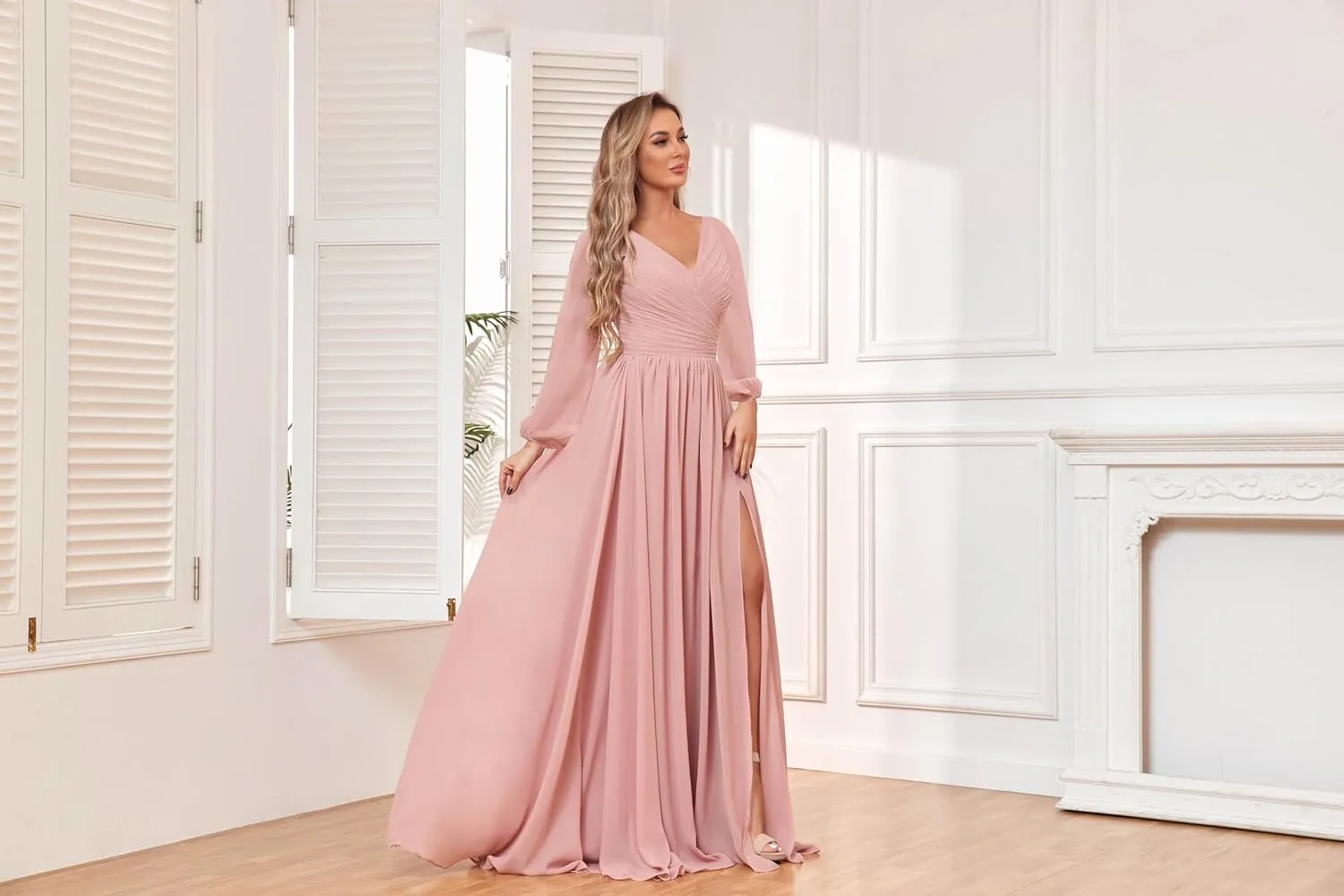 VGZ Long Sleeve Bridesmaid Dresses with Pocket Chiffon V Neck Ruched Formal Evening Gown with Slit