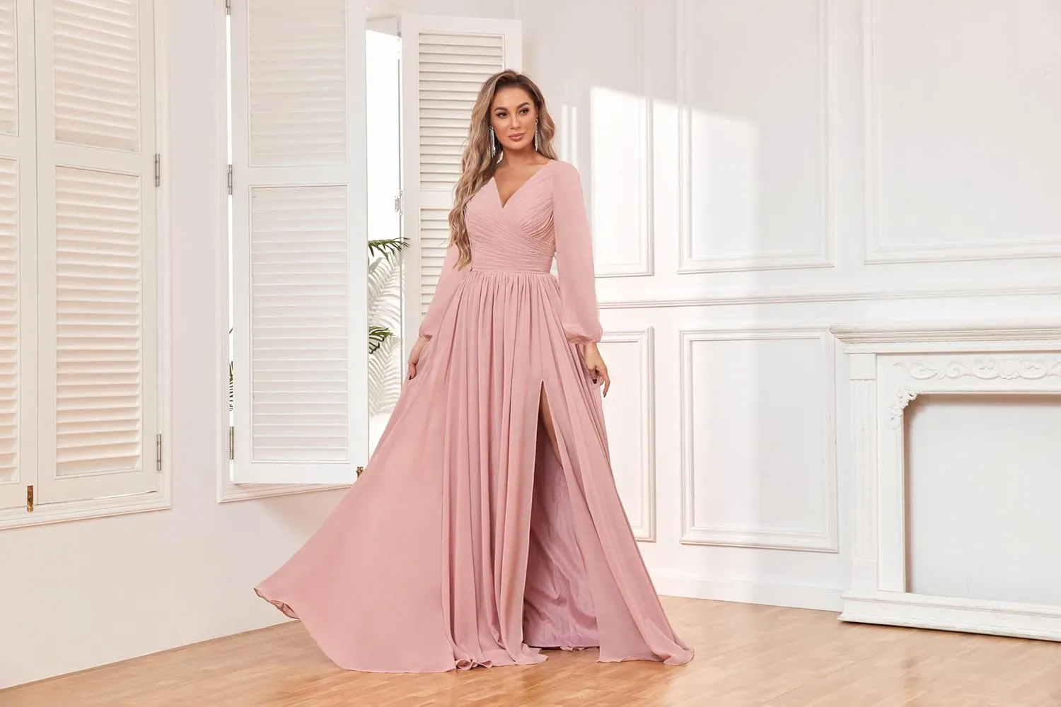 VGZ Long Sleeve Bridesmaid Dresses with Pocket Chiffon V Neck Ruched Formal Evening Gown with Slit