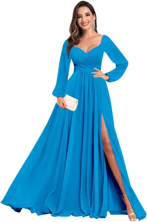VGZ Long Sleeve Chiffon Bridesmaid Dresses for Women V Neck A Line Ruched Formal Evening Gown with Slit